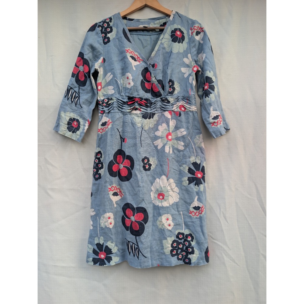 Boden Blue Floral Linen V-Neck Empire Waist Dress WH339 US 6R